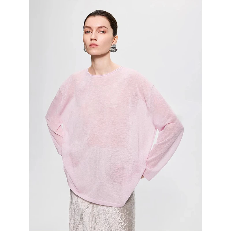 黄色防晒针织衫女夏季薄款长袖微透吊带外搭宽松圆领罩衫冰丝上衣