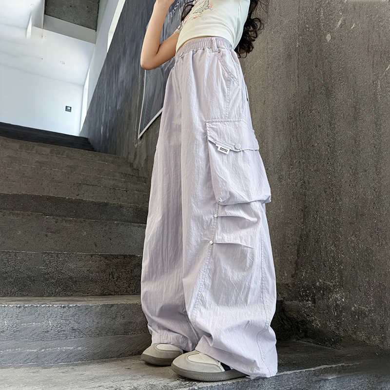 儿童夏装2025新款大女童装速干裤子宽松工装裤夏季薄款阔腿直筒裤