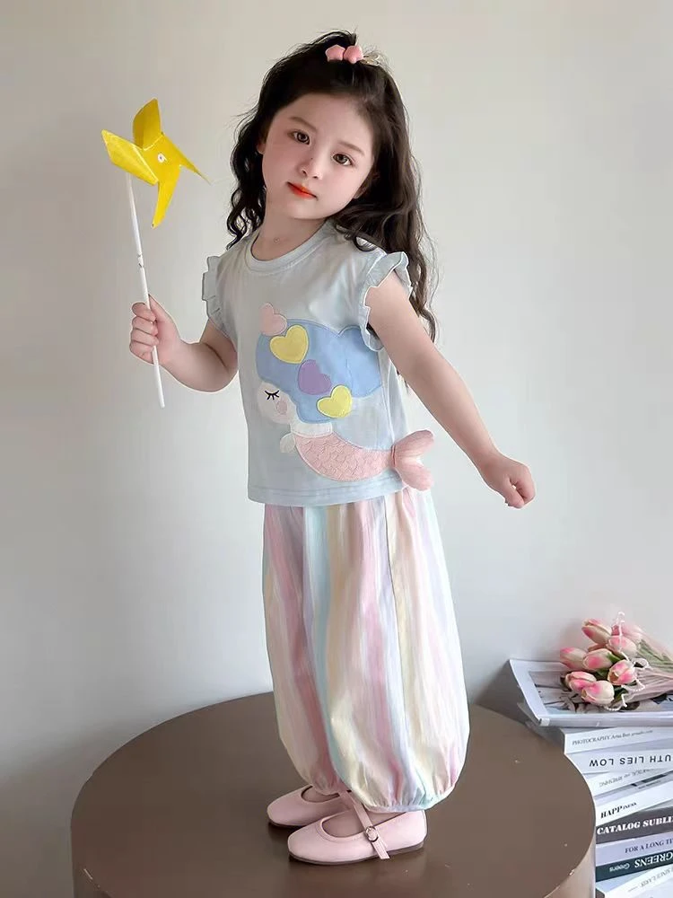 美人鱼套装~防蚊裤两件套女中小童女童休闲T恤长裤夏装短袖韩版
