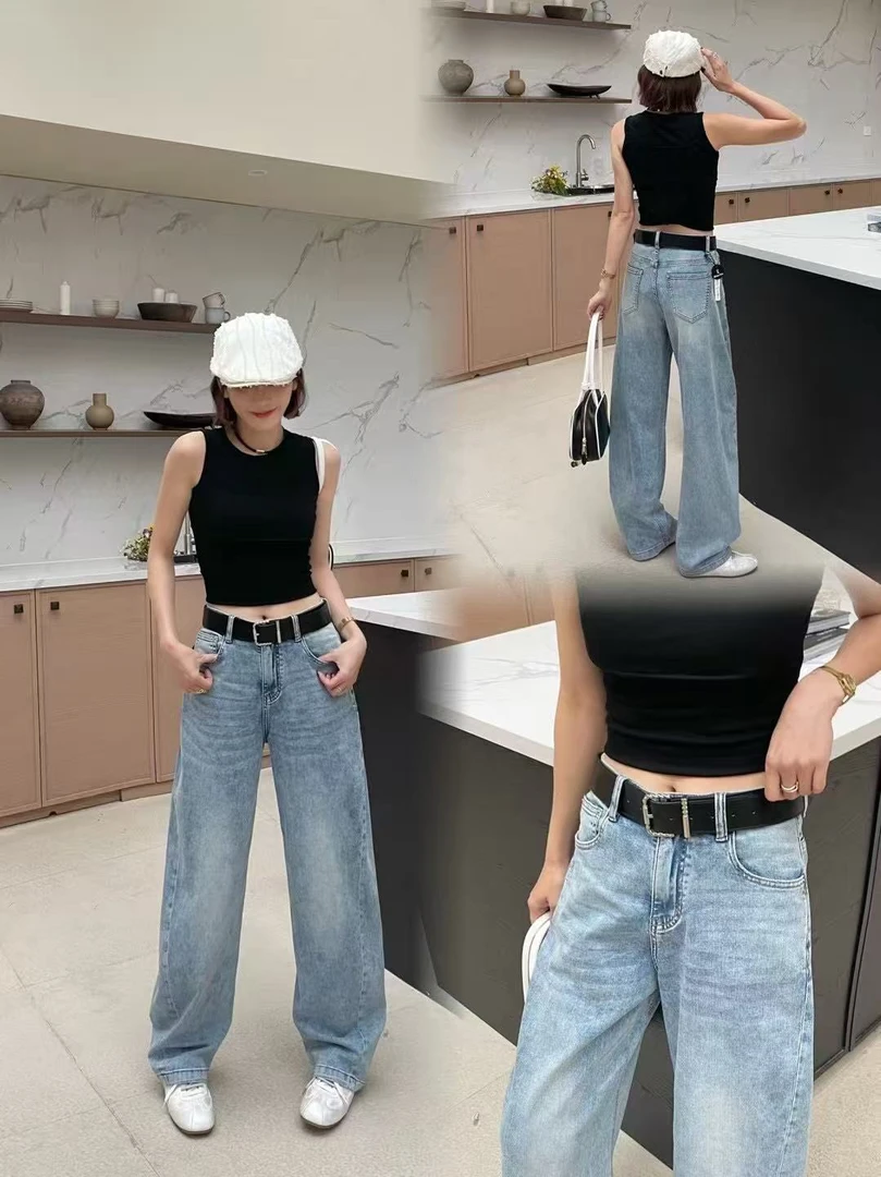 【MY SHAN】夏季新款韩版极简百搭修容线显瘦弯刀牛仔裤52571