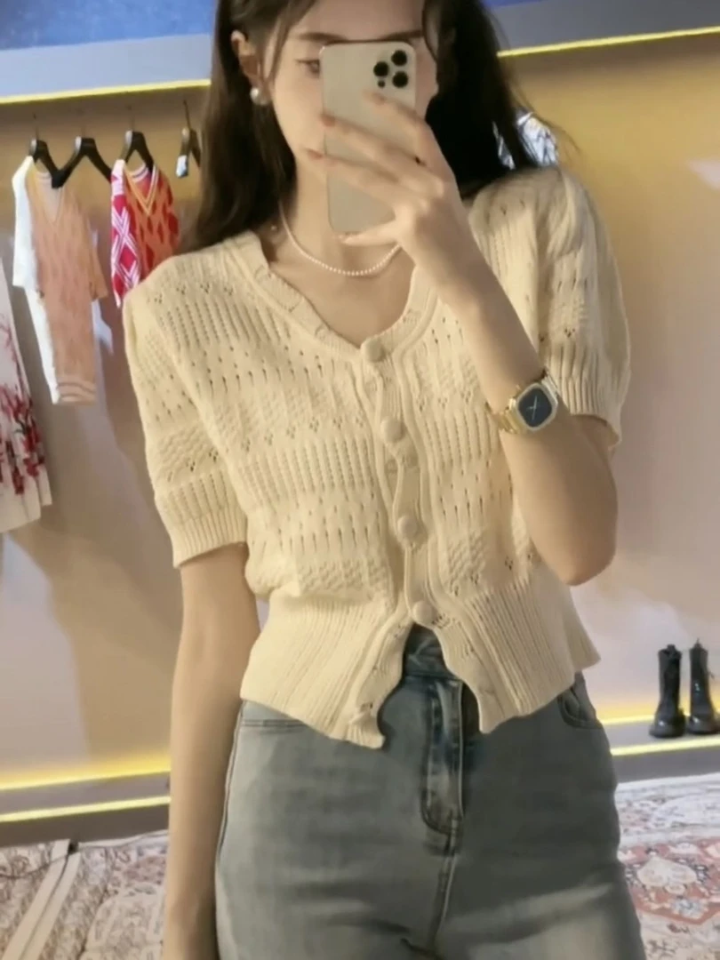 法式高颜值花瓣边v领短袖薄款针织衫女微镂空设计短款冰丝小开衫