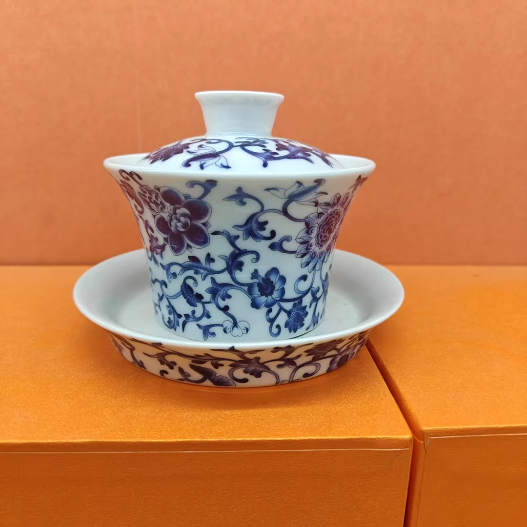 青花釉下彩缠枝莲三才盖碗功夫茶具家用防烫泡茶碗0909