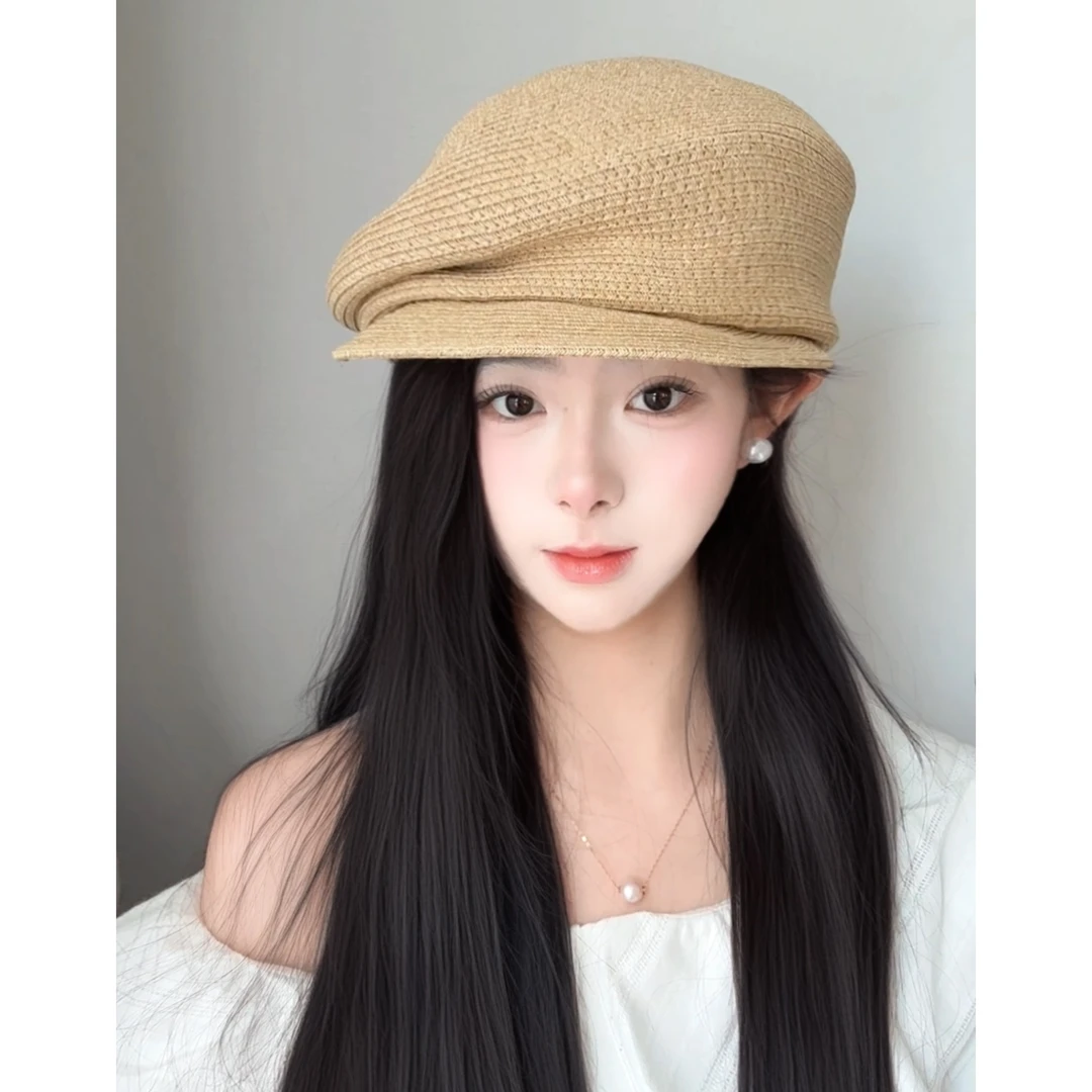 夏季贝雷帽草编防晒遮阳显脸小鸭舌小众八角帽子时尚气质报童帽女