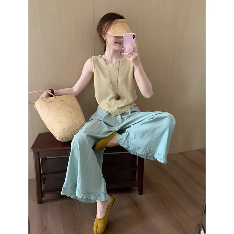 2025夏季穿搭女装千金清冷感贵系洋气衣服女黄色背心蓝色裤子套装