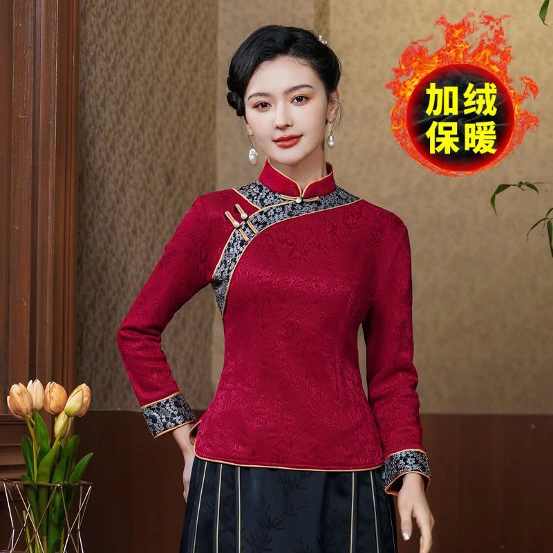秋冬新款中式立领改良旗袍长袖小衫上衣女复古加绒保