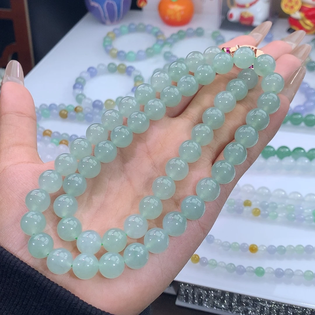 翡翠未镶嵌手链40号 冰种甜绿项链卡10mm