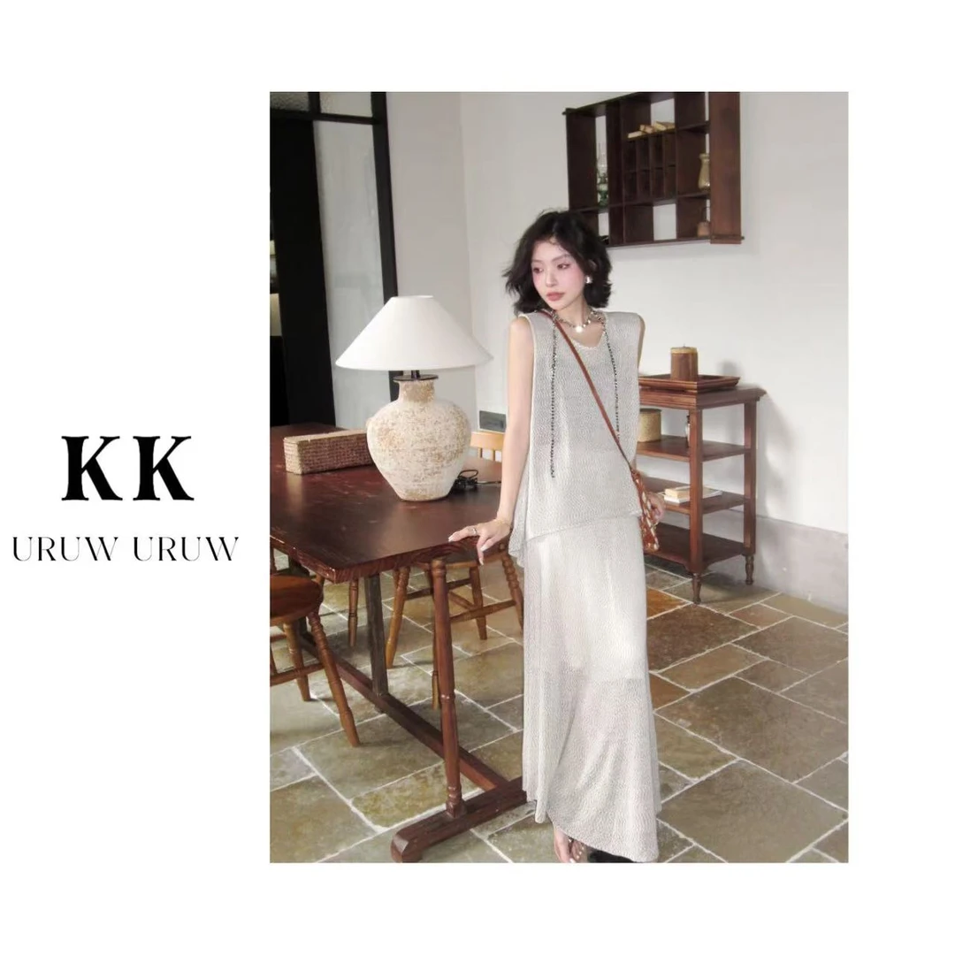 柯柯 【星鎏时光】透感小众花纱通勤气质后背开衩背心A字裙套装K081