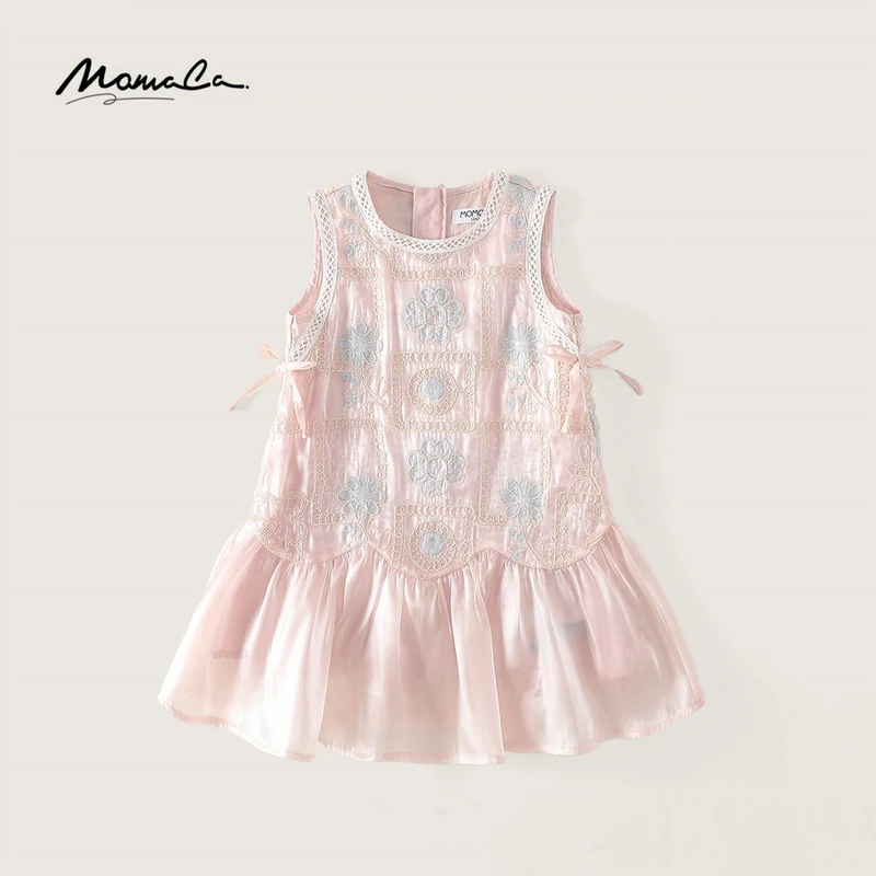 MOMOCO夏季2025新款女童韩系气质无袖绣花重工连衣裙77620470014