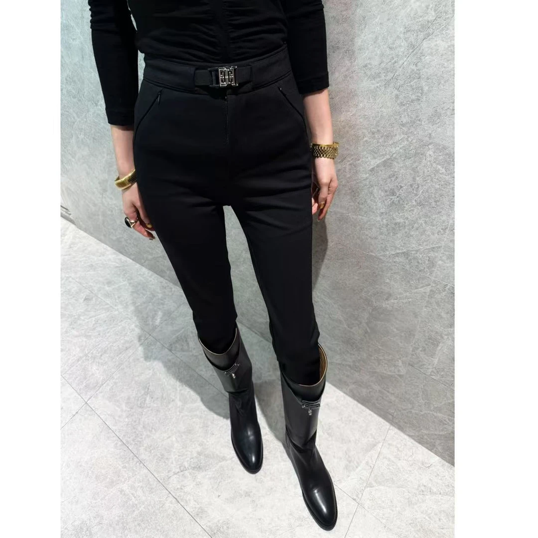 KIKI【洒脱女主】2025冬新款抗皱加绒四面弹不沾毛休闲裤25W725