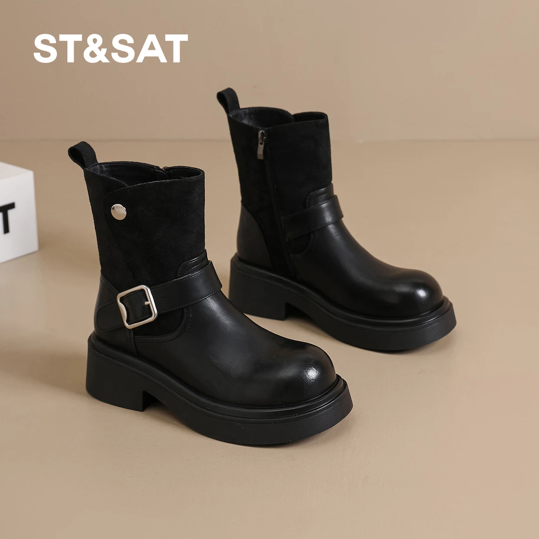 St&Sat/星期六百搭短靴时尚时装靴圆头英伦风秋冬女鞋休闲马丁靴