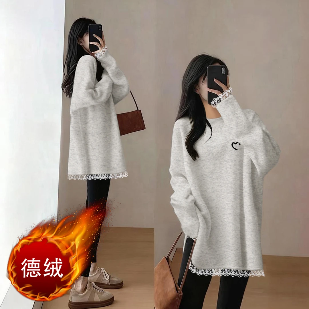 潮流新款蕾丝拼接长袖T恤女宽松中长款春秋冬德绒内搭打底上衣