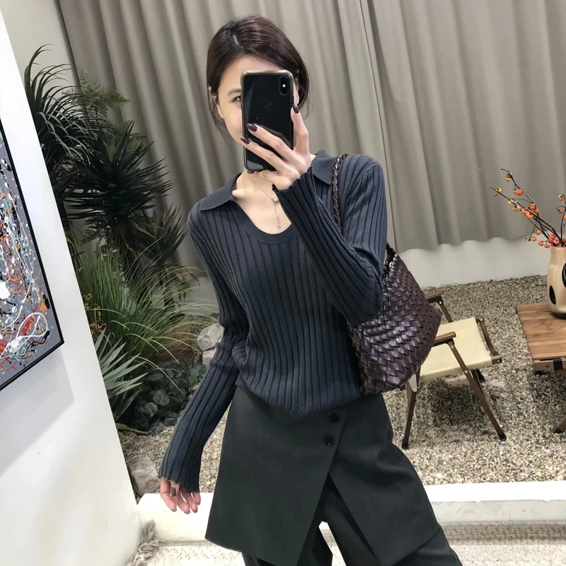 高级感翻领U领长袖针织衫女2025春秋新款时尚修身气质打底衫上衣