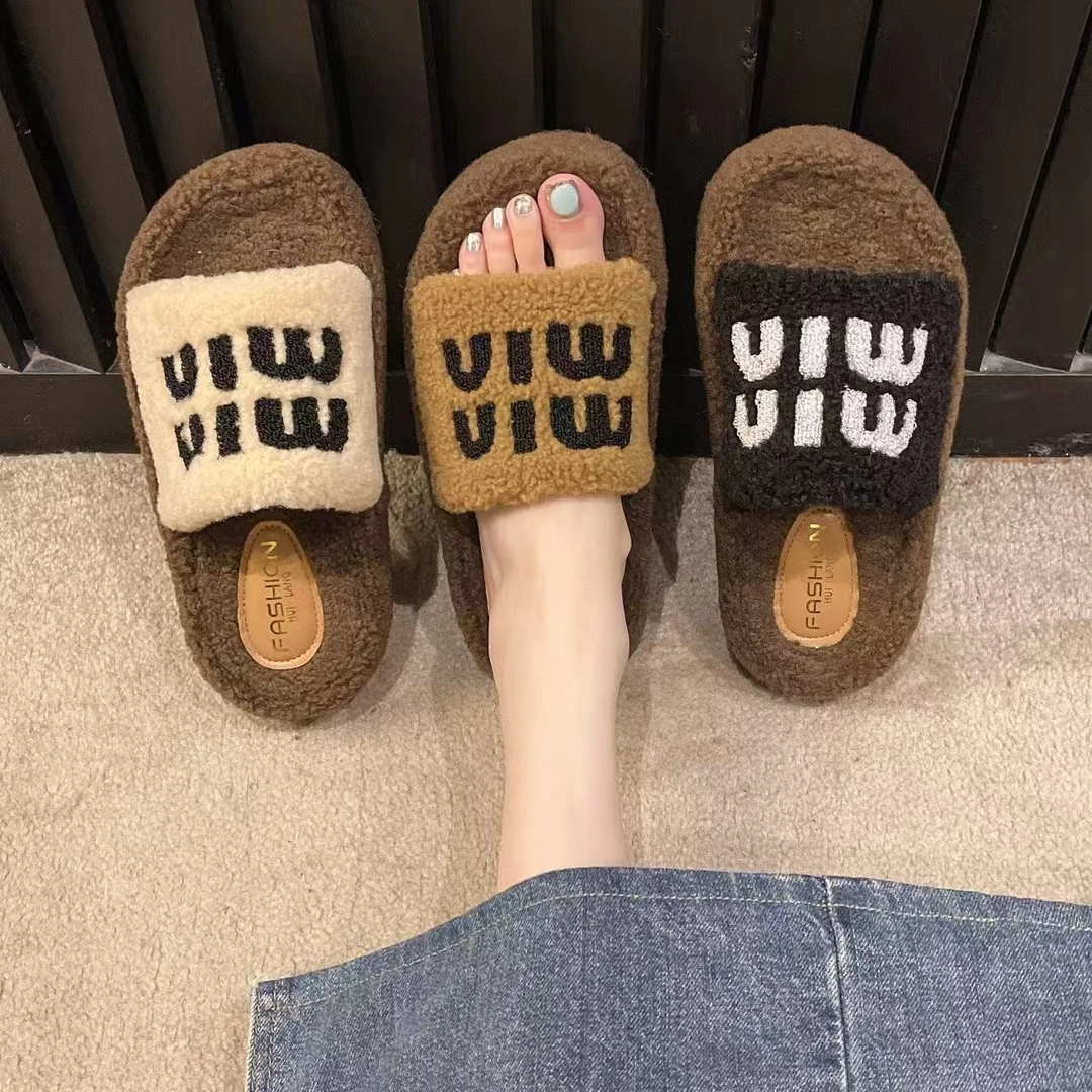 【万达清仓】促毛毛拖鞋外穿女保暖超火小香风室内棉拖高级感一字拖