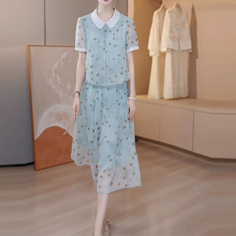 时尚优雅爱心印花假两件连衣裙女2025夏季新款洋气减龄显瘦中长裙