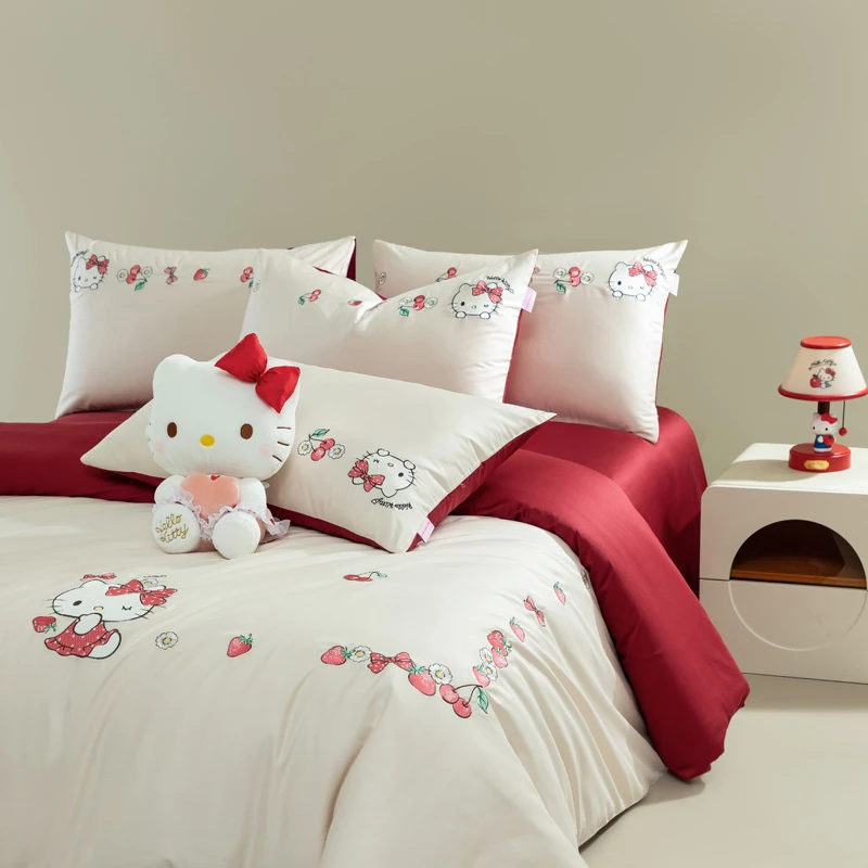 《三丽鸥正版授权》Hello kitty全棉贡缎软刺绣亲肤柔软细腻四件套