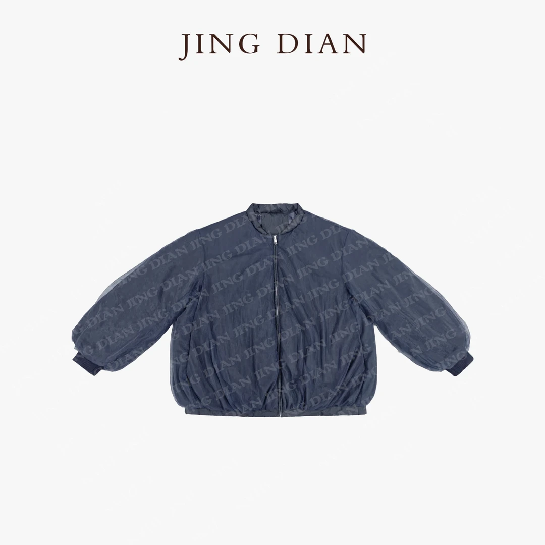 【JING DIAN】定制款蓝色拼纱双层设计感羽绒服