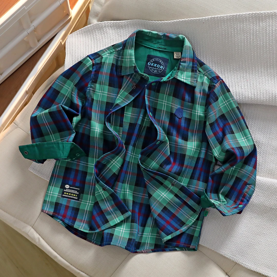 男童衬衫春秋款中大童洋气格子衬衣