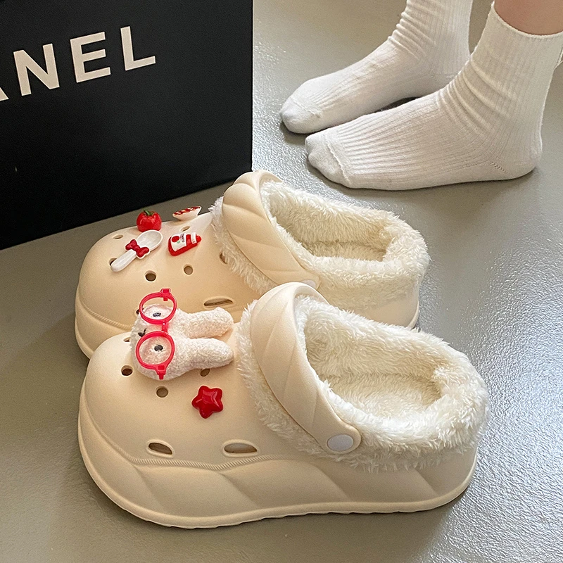 洞洞鞋女2025新款外穿秋冬加绒可拆卸厚底增高防滑包头毛毛棉拖鞋