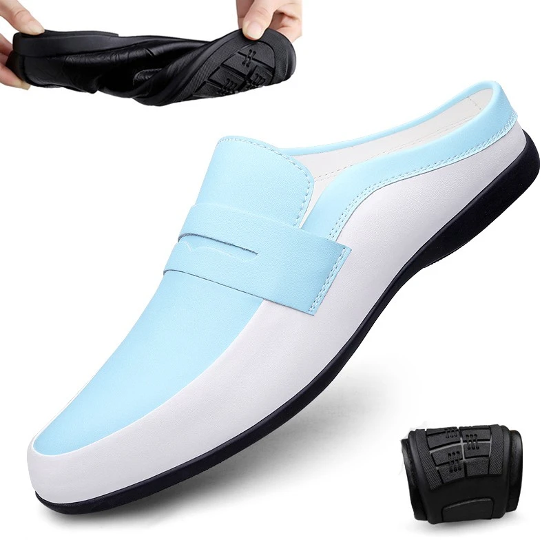 2025半拖鞋男夏季包头休闲鞋懒人软底一脚蹬无后跟开车男士皮凉拖