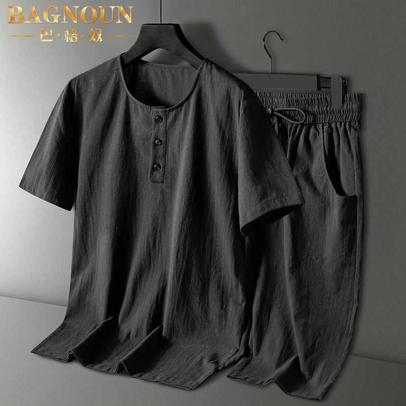 巴格奴休闲套装男士夏季新款时尚轻奢大码棉麻透气宽松沙滩两件套