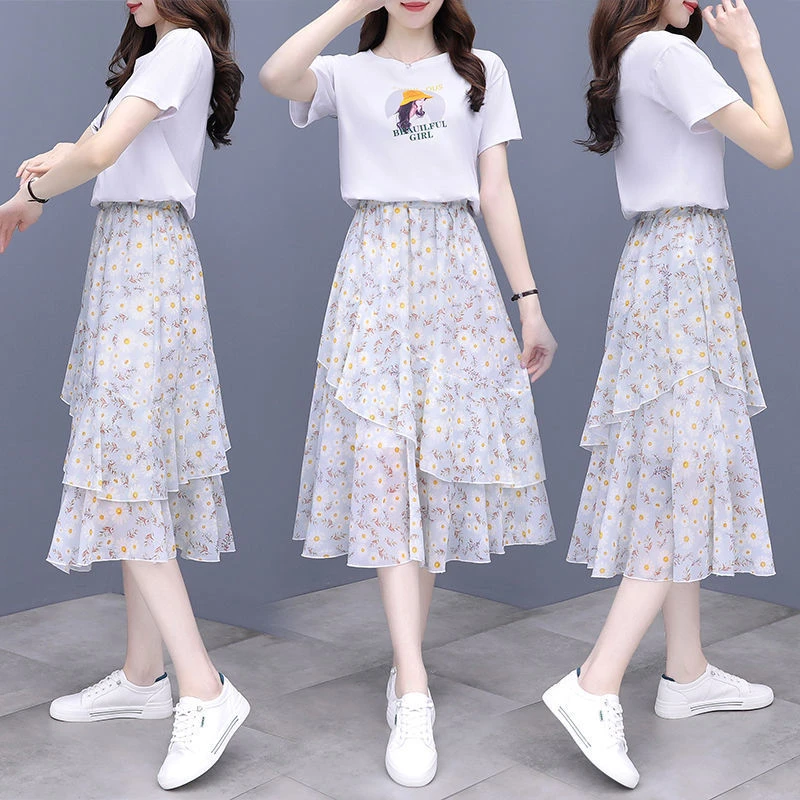 【时尚套装】夏季新款小香风显瘦修身雪纺裙+印花气质洋气T恤两件套