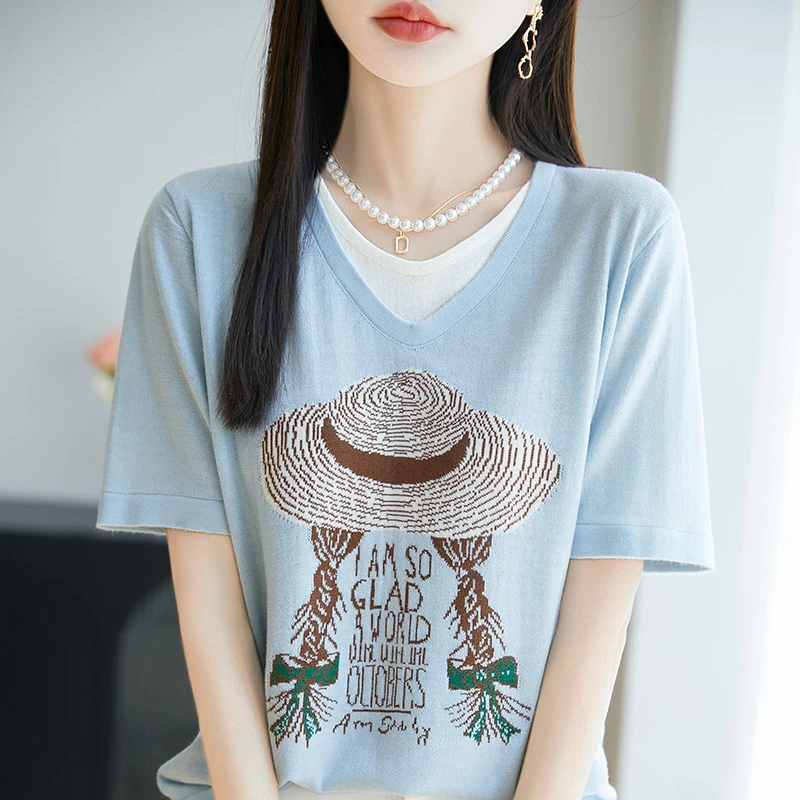 帽子女孩拼色假两件宽松套头短袖T恤女韩版夏薄款舒适小众上衣女