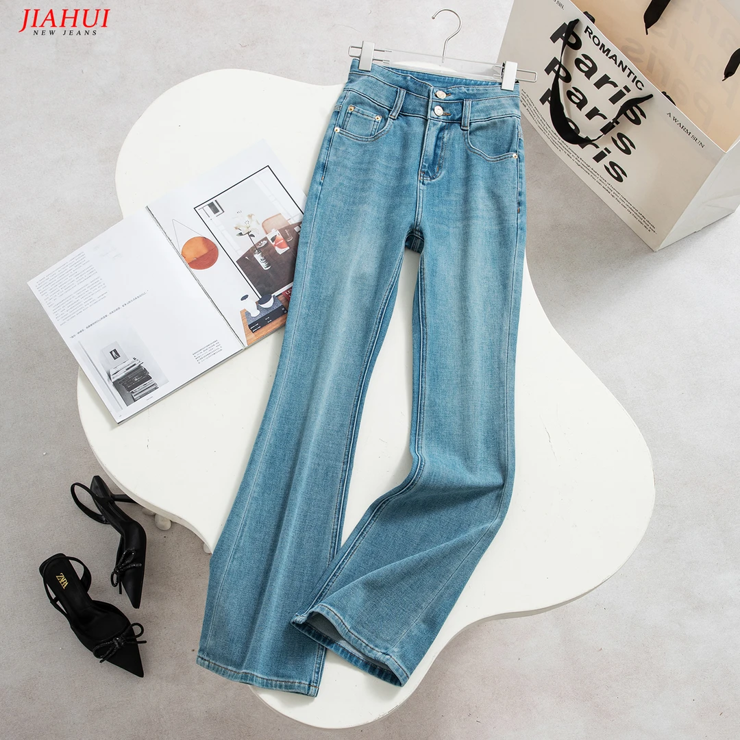 夏季汉麻微喇叭牛仔裤女高腰显瘦排扣2025薄款四面弹修身高级百搭