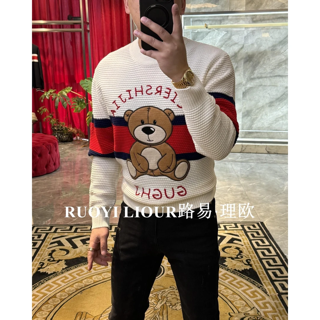【路易理欧】潮流男欧货时尚简约休闲字母可爱熊秋冬羊毛衫202442