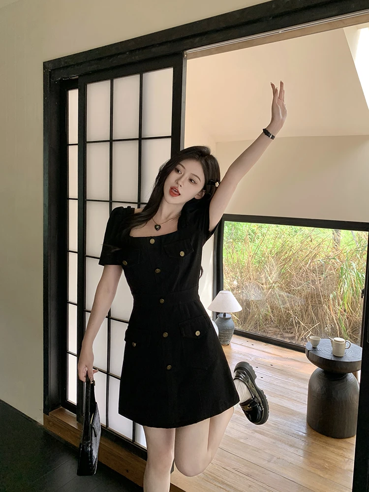 大码女装气质高级感时尚连衣裙夏新款胖MM收腰藏肉黑色法式牛仔裙
