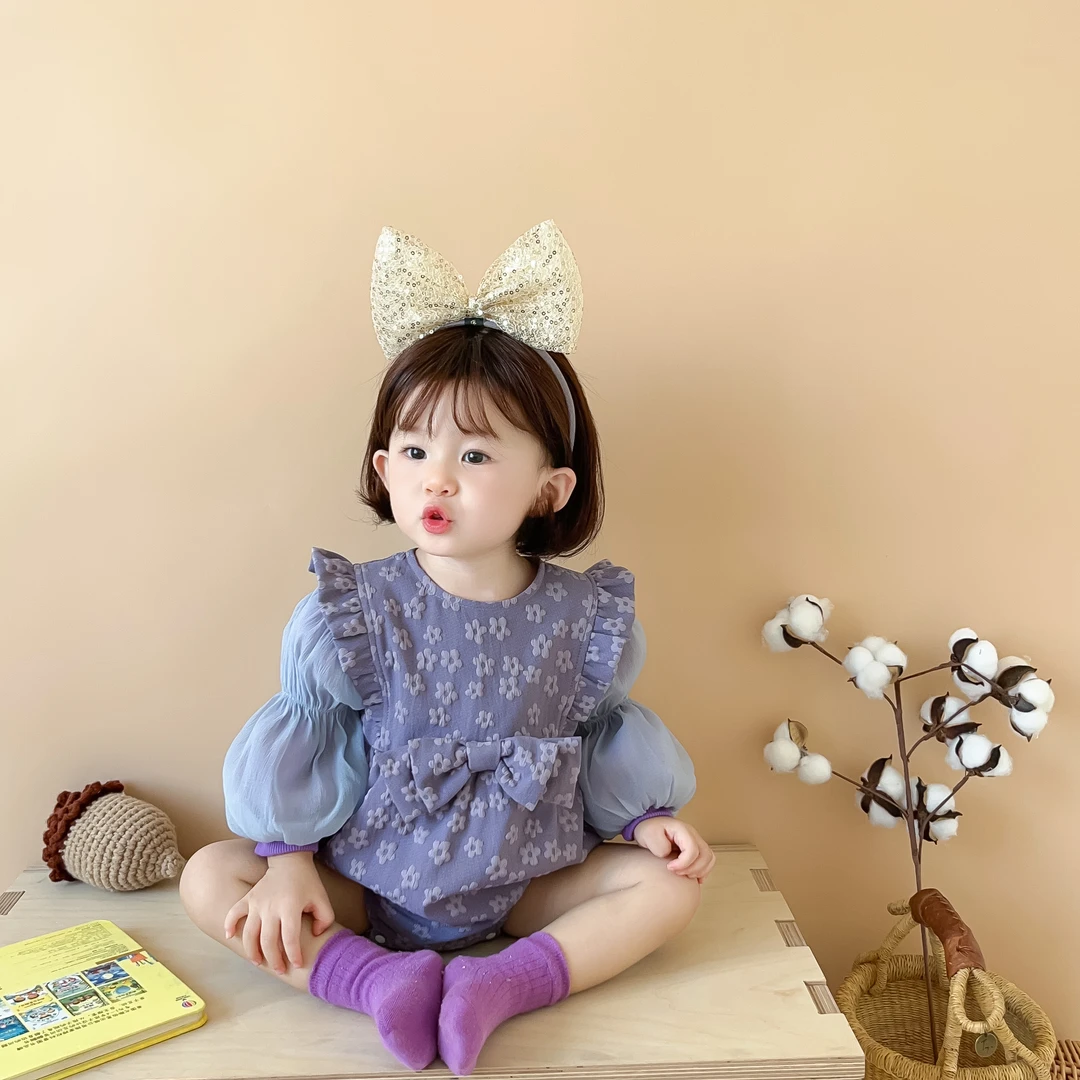 7070 婴儿衣服秋装可爱网纱泡泡袖连体包屁衣假两件哈衣