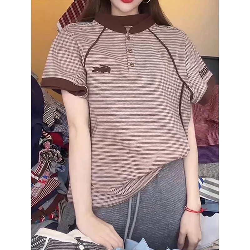 0892撞色条纹短袖t恤2025夏新款休闲百搭洋气简约显瘦短袖打底衫