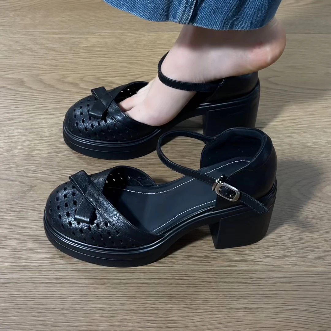 新款全皮凉鞋小个子舒适厚底洞洞凉鞋女款凉鞋包头百搭夏季凉鞋