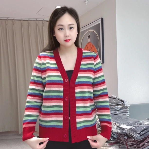 【尚品胖小妞】【横条针织开衫】2025春秋新款百搭时尚针织开衫