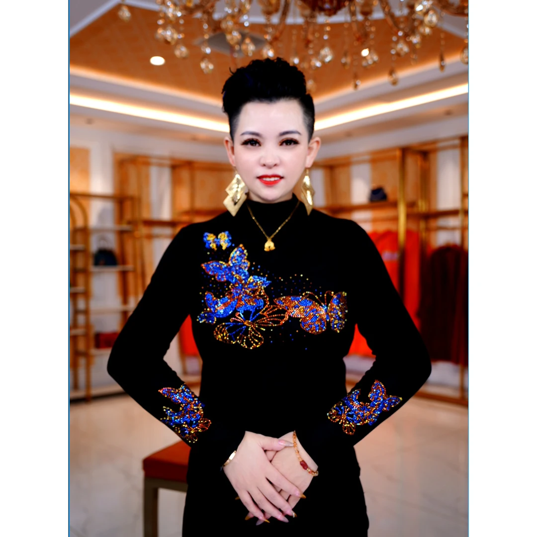 【双蝴蝶加绒款】冬季新款打底衫内搭时尚烫钻上衣修身显瘦长袖权