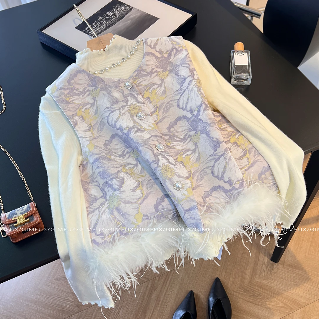 新中式轻奢无袖马甲女秋高级感气质羽毛拼接显瘦百搭毛衣时尚套装