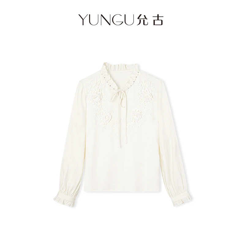 YUNGU允古 优雅手缝钉珠立体花朵系带羊绒打底衫2025秋新款上衣女