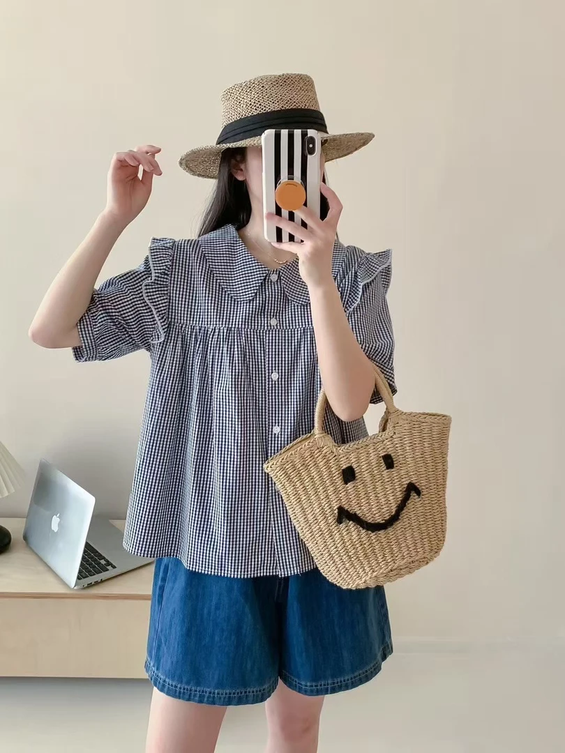 夏季新款设计感小众格子短袖衬衫女娃娃衫宽松减龄上衣
