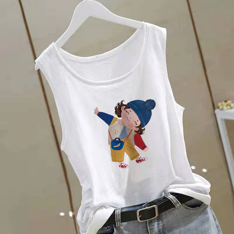 新款夏日百搭潮流女士宽松无袖上衣韩版休闲时尚印花背心竹节棉