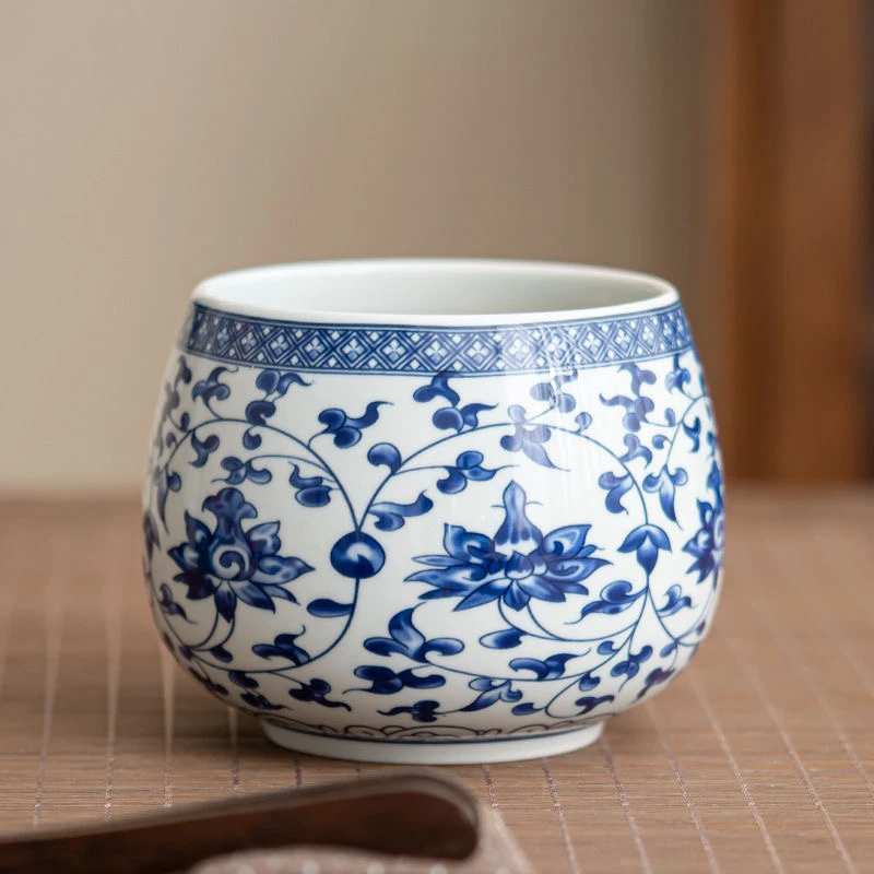 复古缠枝莲茶渣缸大号高款建水水盂茶道配件