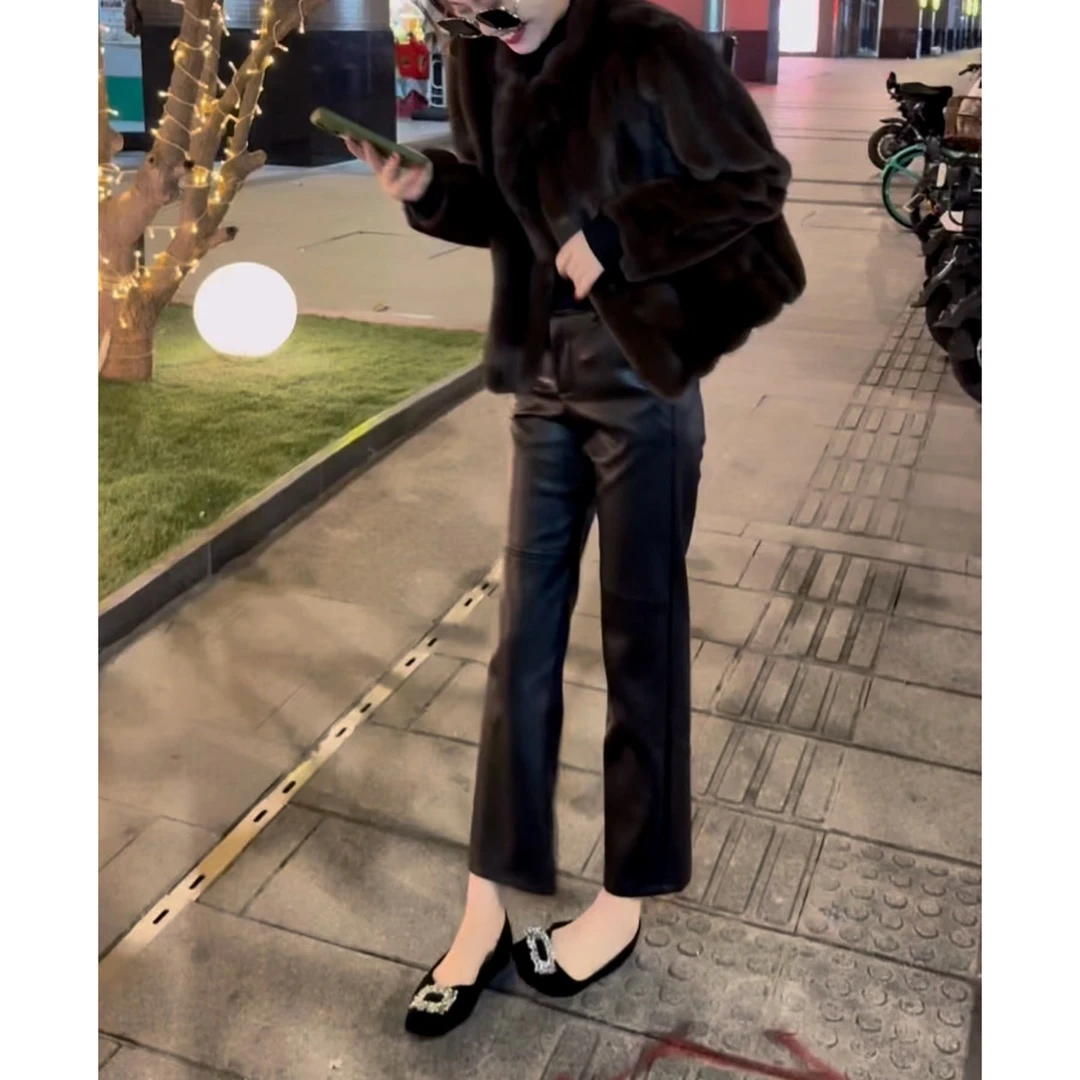 【姜千万】气质显瘦高级感黑色加绒蛋白皮皮裤