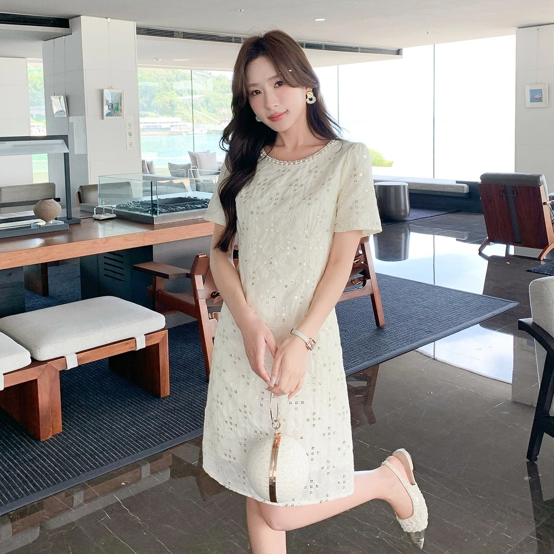 奢姿【茉香柔光】大码女装2025夏季减龄时尚连衣裙胖妹妹圆领裙子