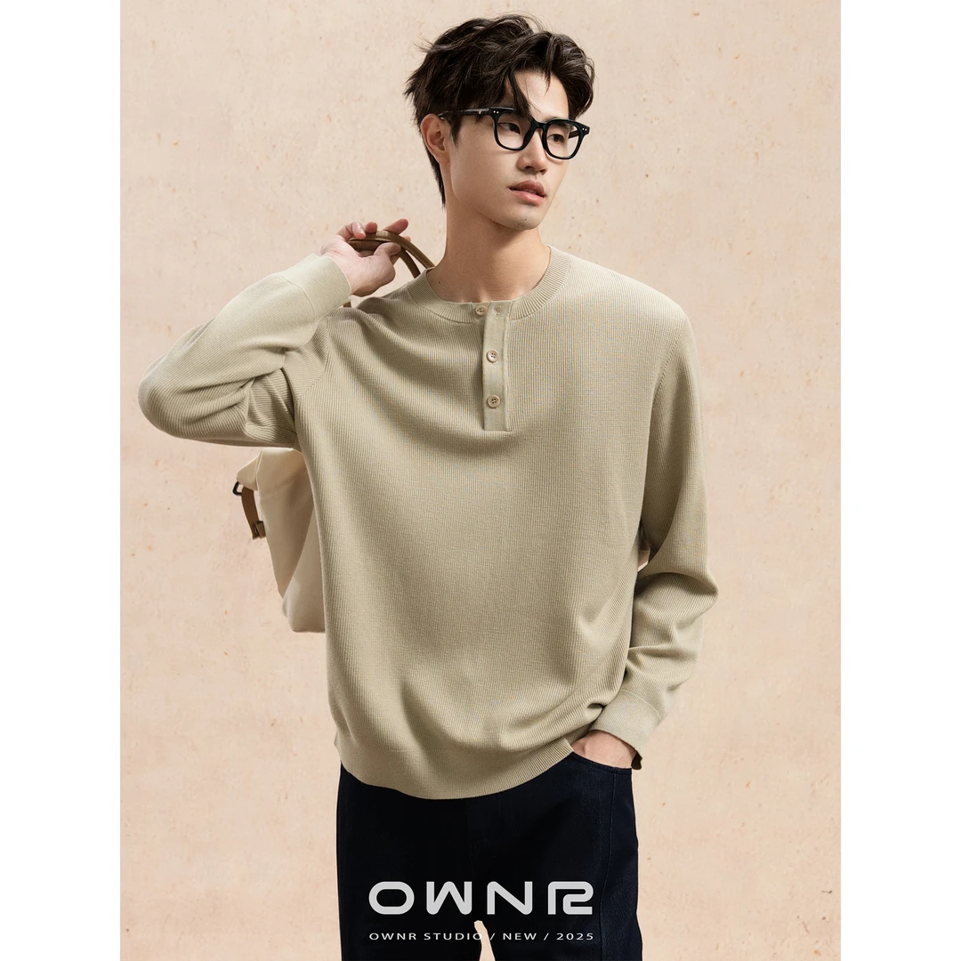 “羊毛混纺”OWNR黏土色亨利领老钱风针织衫男2025年秋慵懒风毛衣