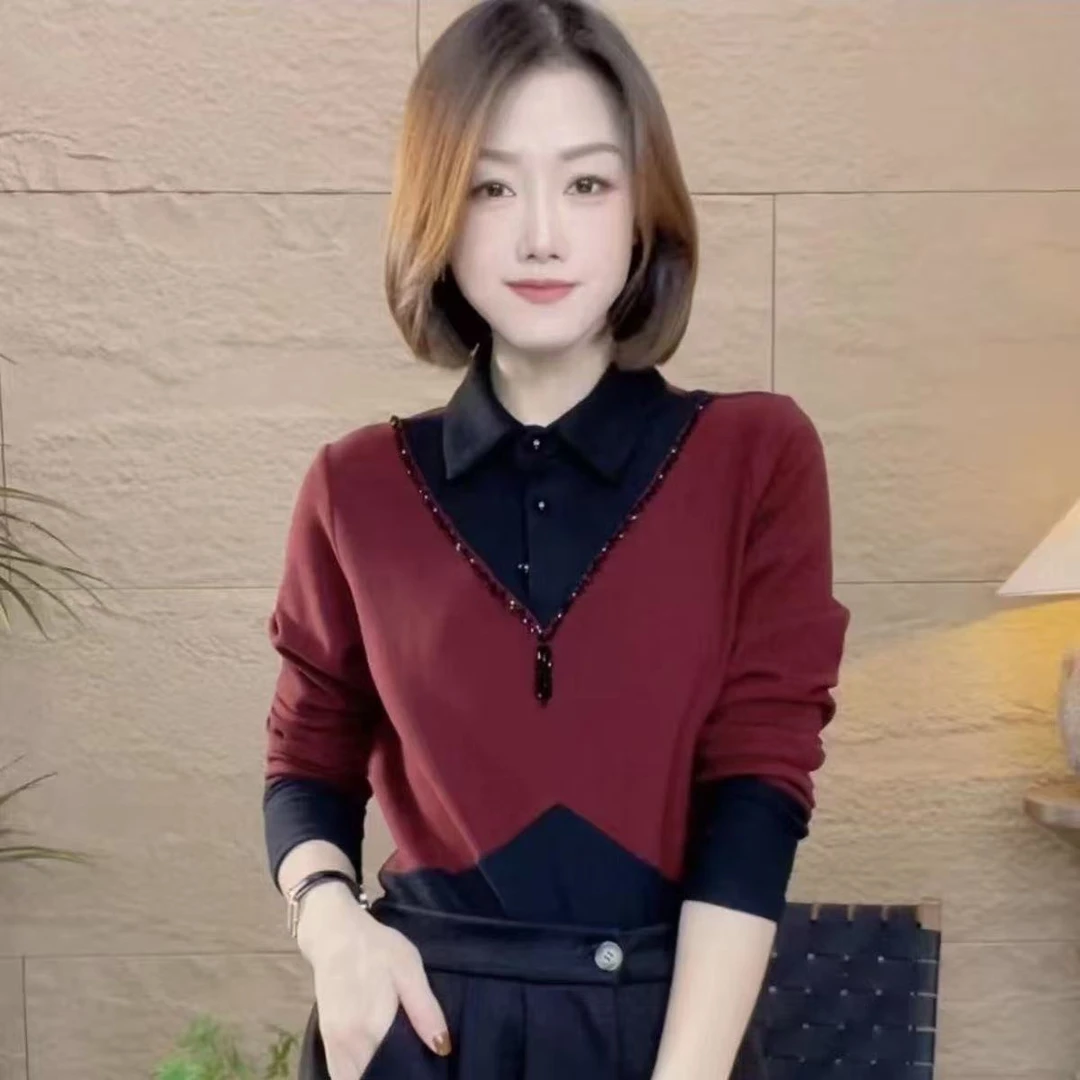 B618#时尚拼色重工钉珠打底衫（2XL~6XL 90~165斤）