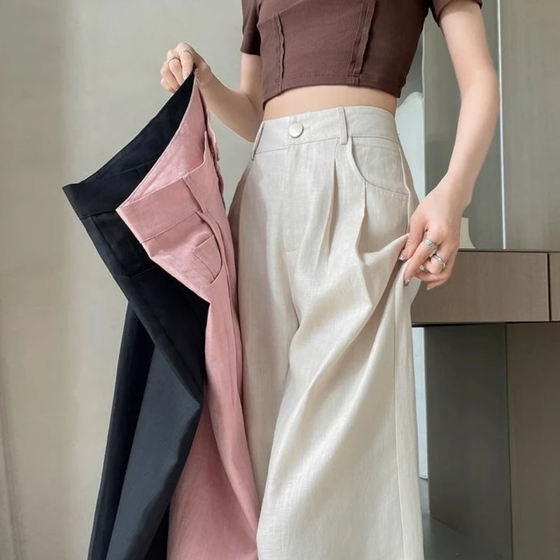 冰丝亚麻阔腿裤子女2025春夏新款薄款高腰垂感宽松休闲棉麻西装裤