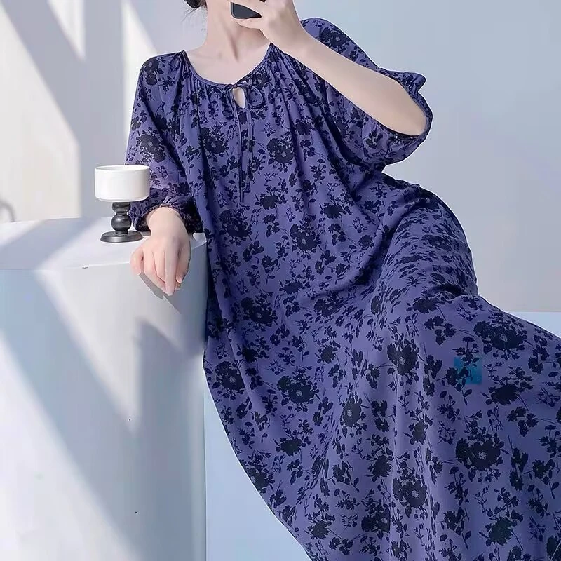 睡裙女夏季薄款沙滩长裙绵绸睡衣春秋天女士度假风绵绸家居服大码