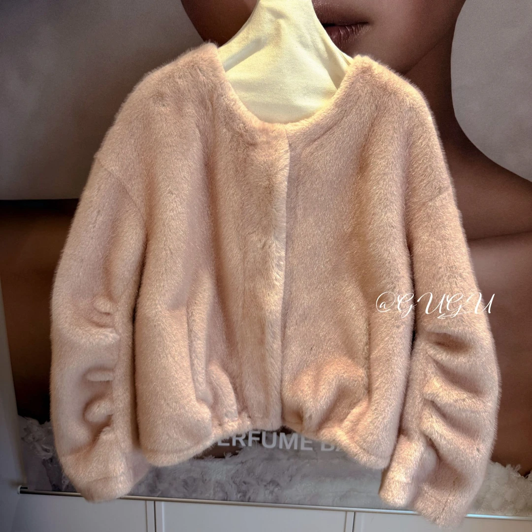 人造皮草 【古古】超质感双色毛尖染一体粉色保暖外套 G25512