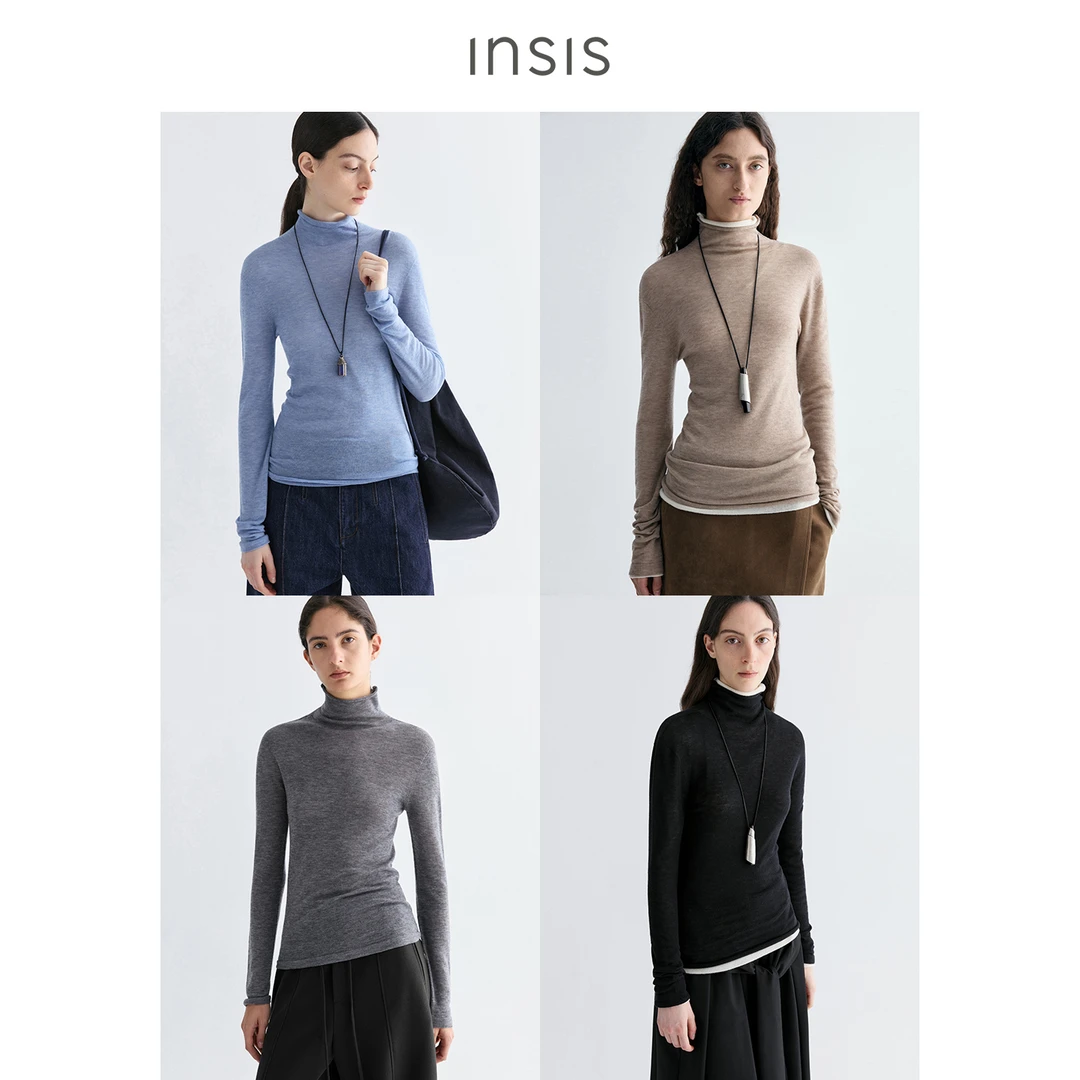 INSIS FEMME【博主专属】美丽诺水溶绵羊毛无缝堆领长袖打底衫女