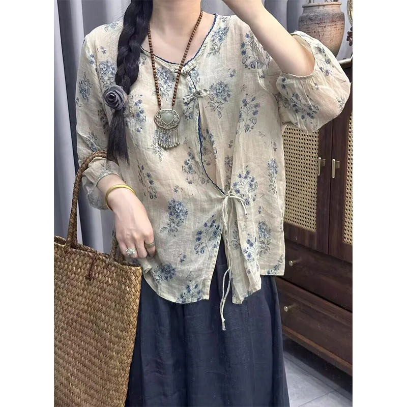 2025夏季新款文艺苎麻碎花盘扣系带衬衫复古棉麻七分袖衬衣上衣女