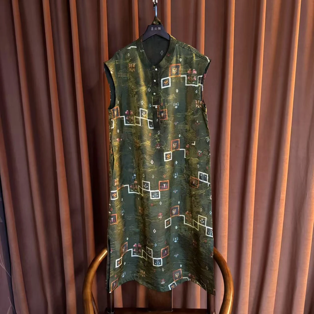 【汇颜】双面锦夏季新中式国风宽松显瘦时尚立领半门襟扣套连衣头裙