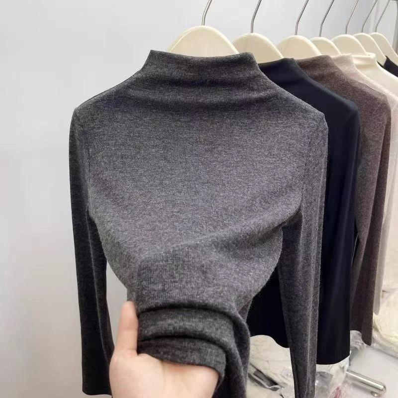 长袖保暖德绒半高领立体装饰T恤打底衫秋冬网红